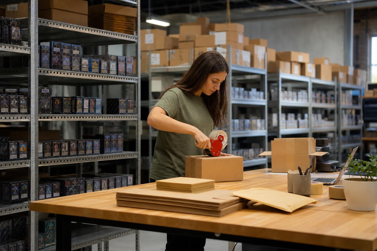 Ons magazijn waar trading card games worden gecontroleerd en verzonden